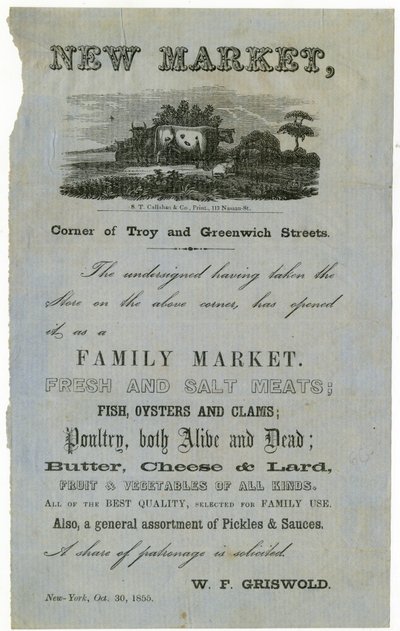 New Market, Ecke Troy und Greenwich Streets, Familienmarkt, 1855 von American School